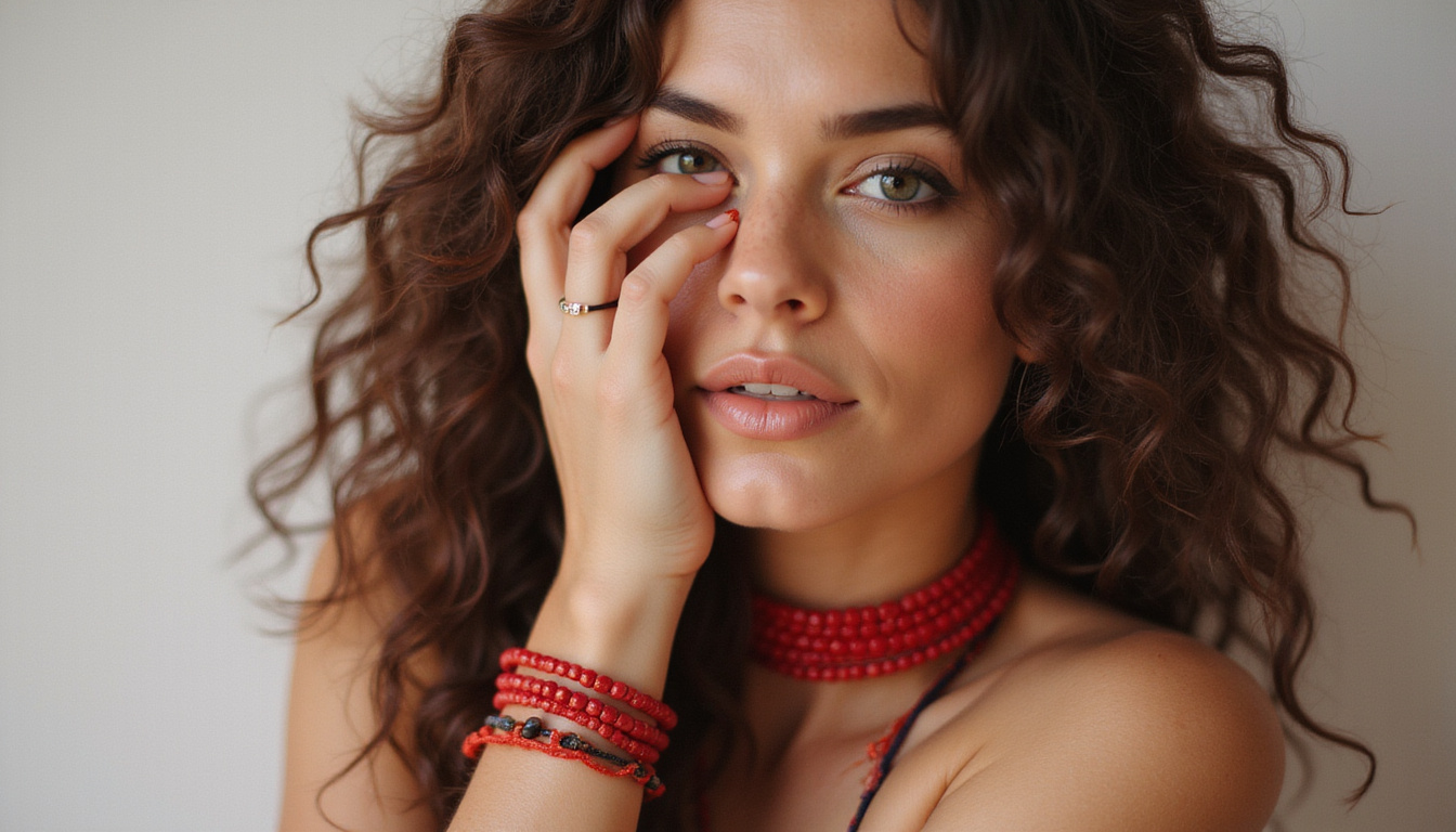  Fashion-forward model wearing layered red string bracelets, urban street style, subtle mystic aura