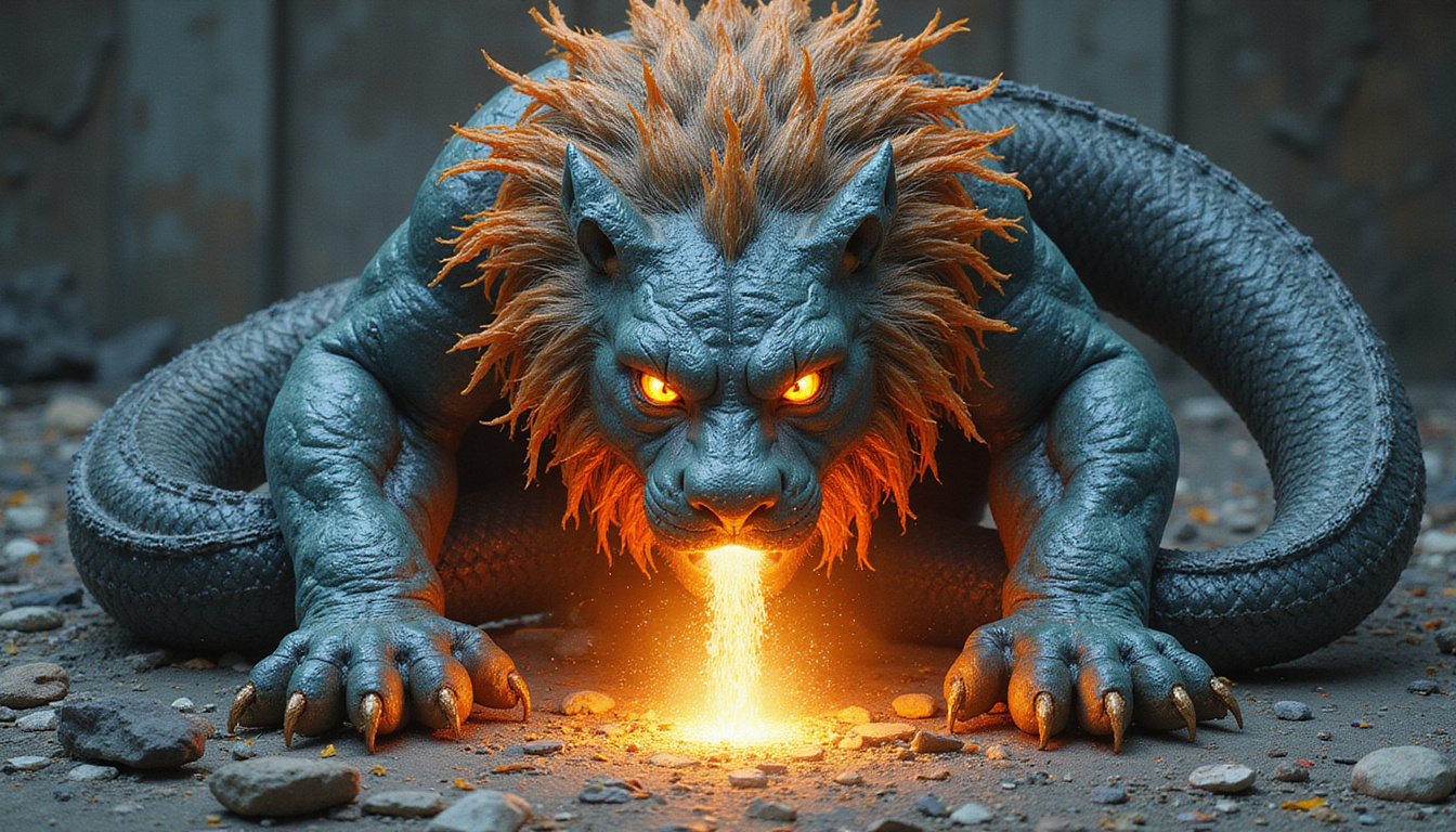 Looming lion-serpent hybrid, shattered ceremonial mask, inner light erupting, weathered stone glyphs