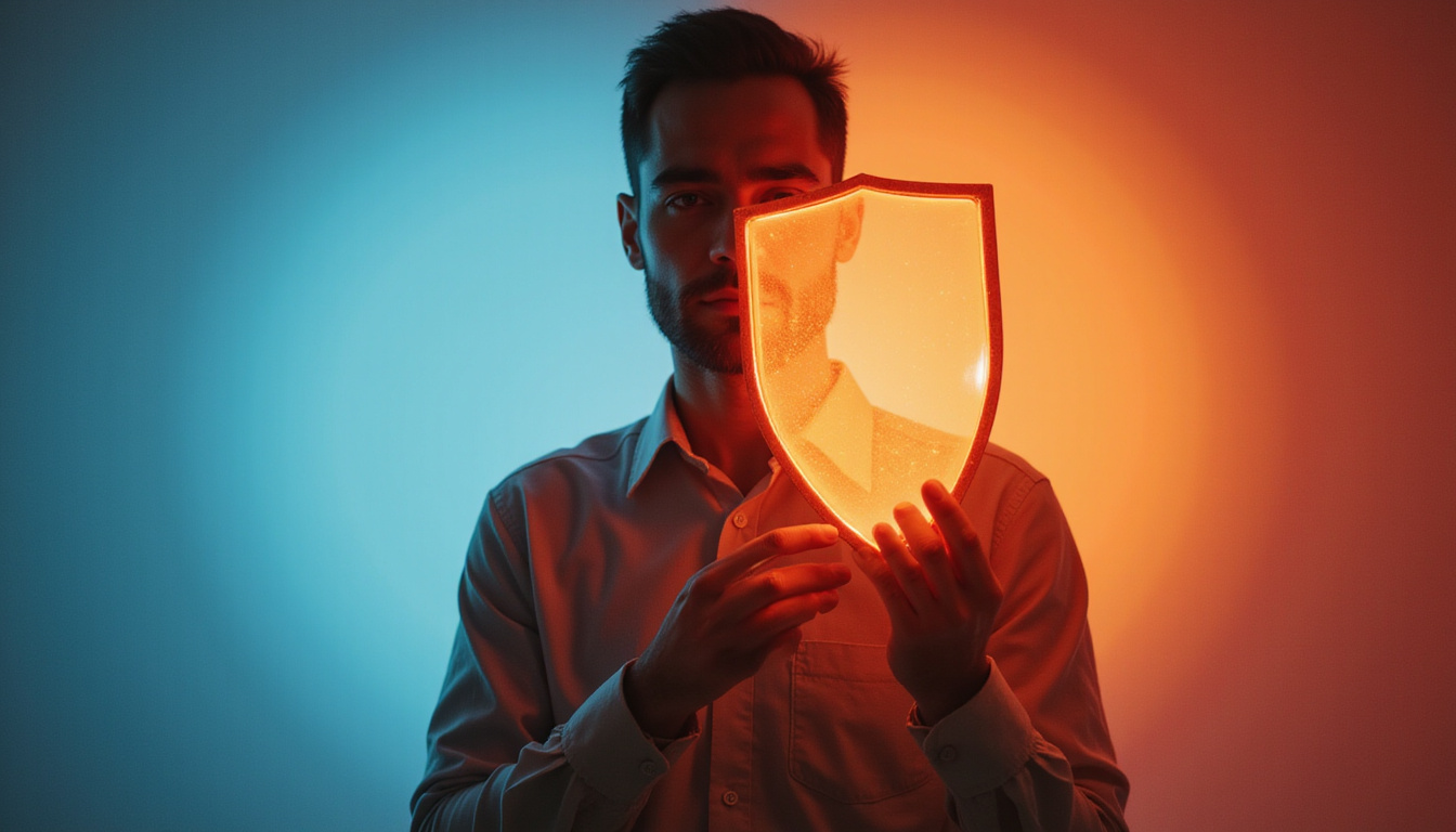  Startup founder shielding glowing prototype with legal shield, warning signs 