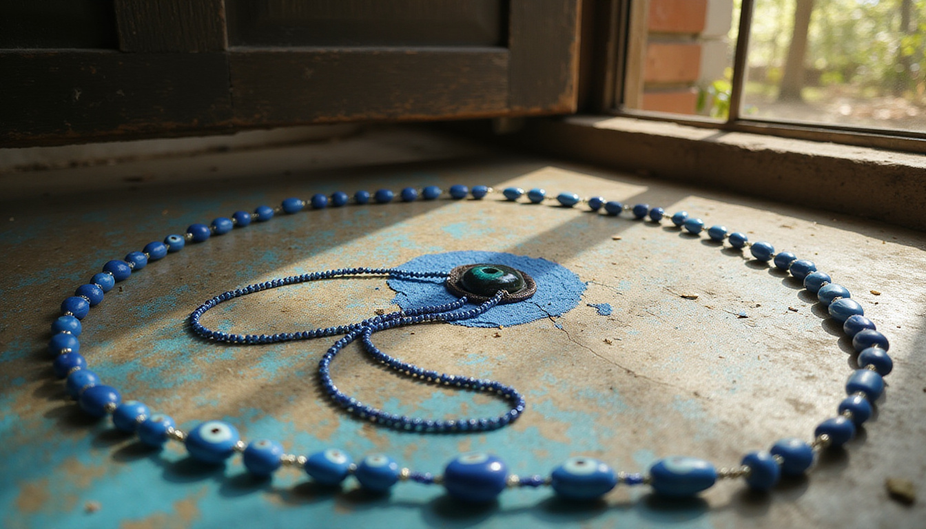  Sunlit doorstep covered with blue evil eye beads, garlic braid, chalked circle, whispered incantation