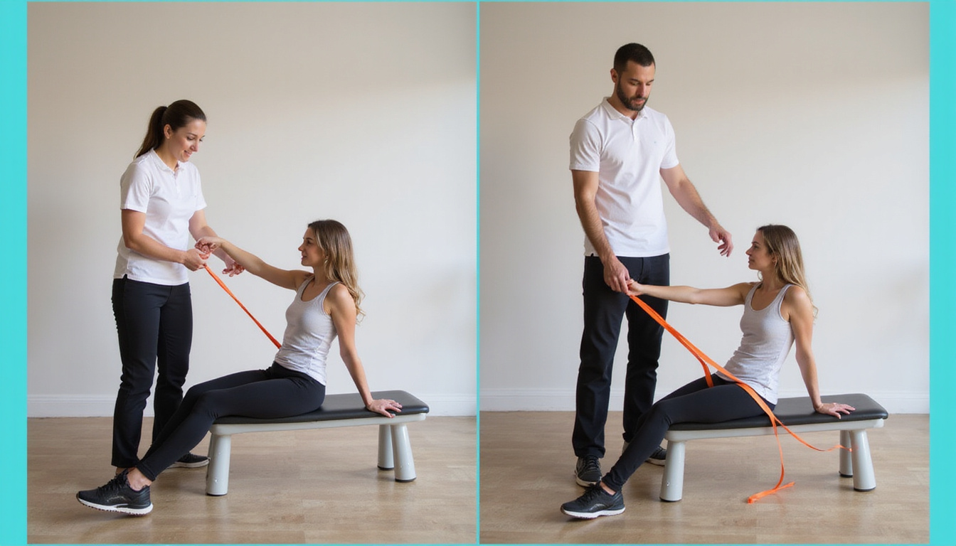  Physical therapist guiding woman through resistance-band rows, split-screen before-after strength correction, high-detail