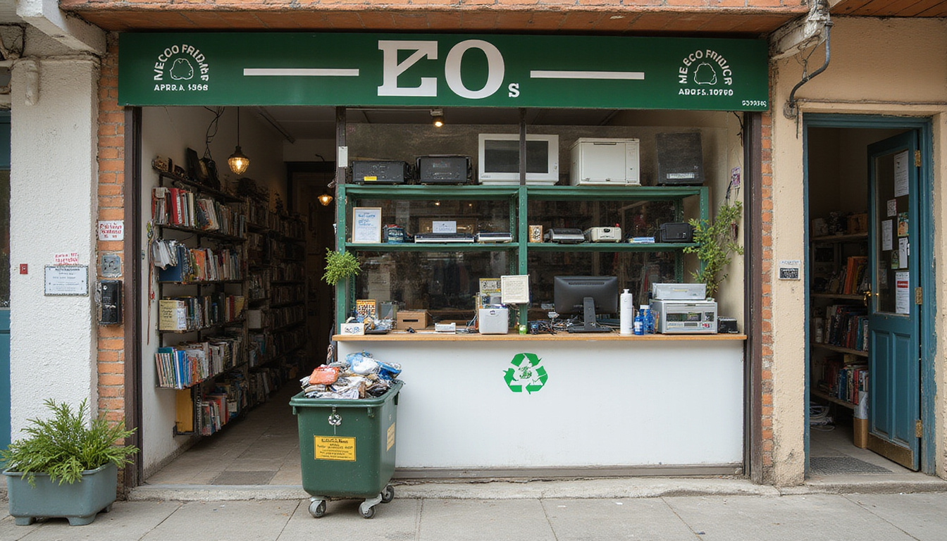 Eco-friendly storefront scene: organized appraisal desk, refurbished electronics, overflowing recycling bin, golden labels