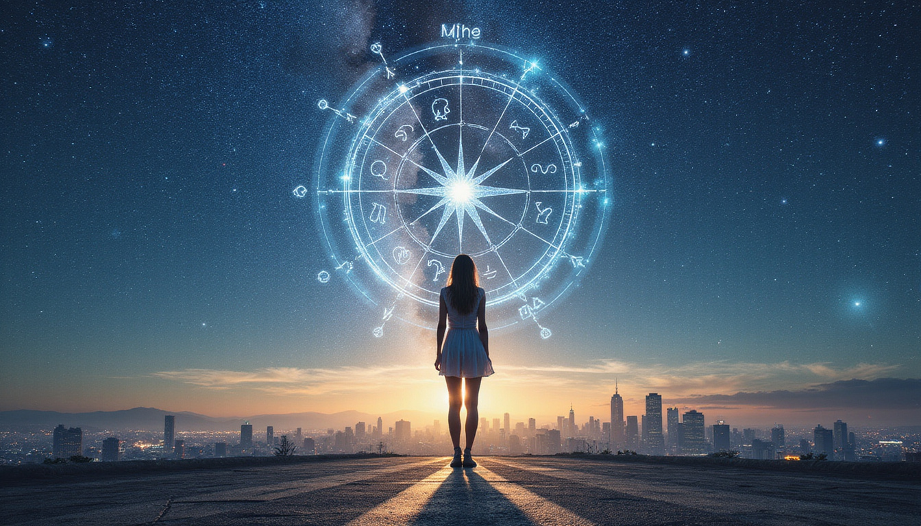  Woman standing at constellation-crossroads, city skyline and compass, zodiac glyphs radiating