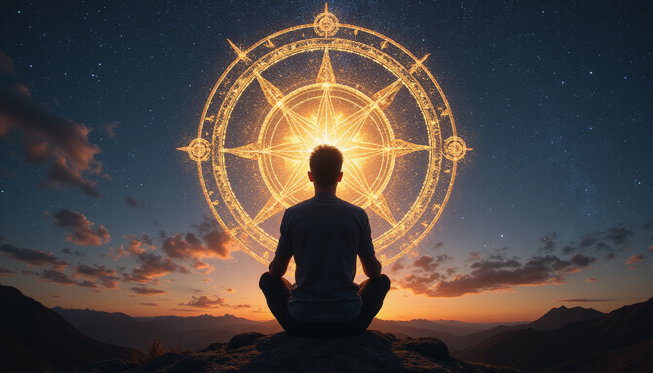  Silhouetted person unlocking luminous astrological mandala, celestial compass lines pointing toward purpose