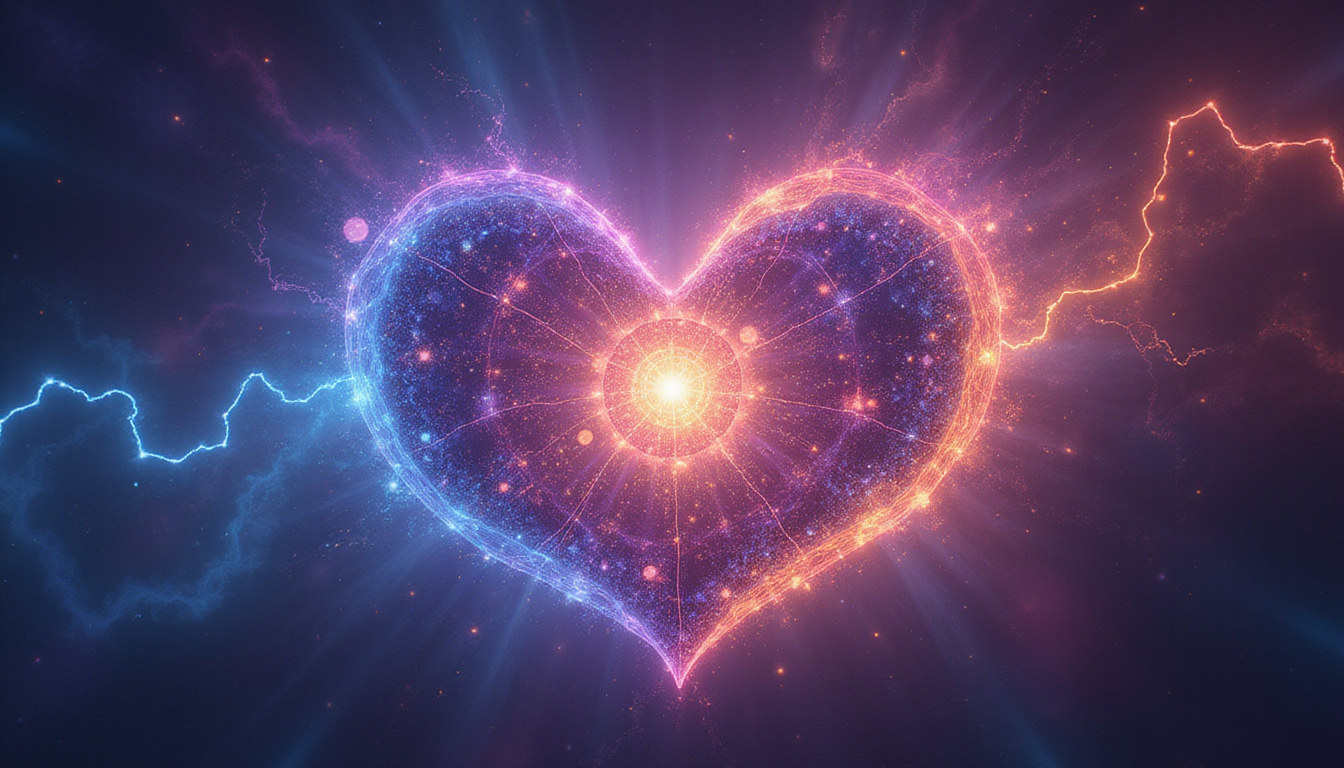  Karmic energy strands weaving between heart-shaped constellations, alchemical chemistry bubbling, mystical colors