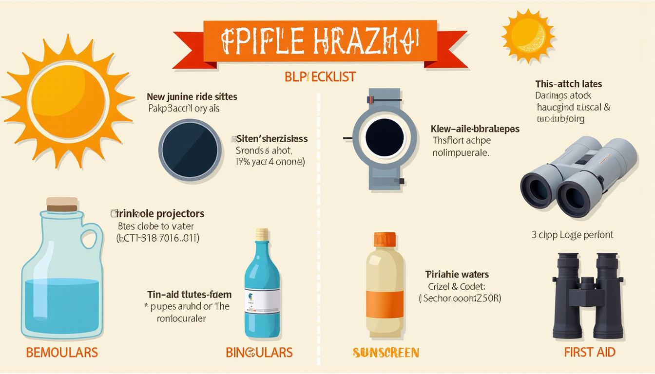 Flat-lay checklist of eclipse viewing gear: certified solar filters, pinhole projector, binoculars, sunscreen, water, first-aid