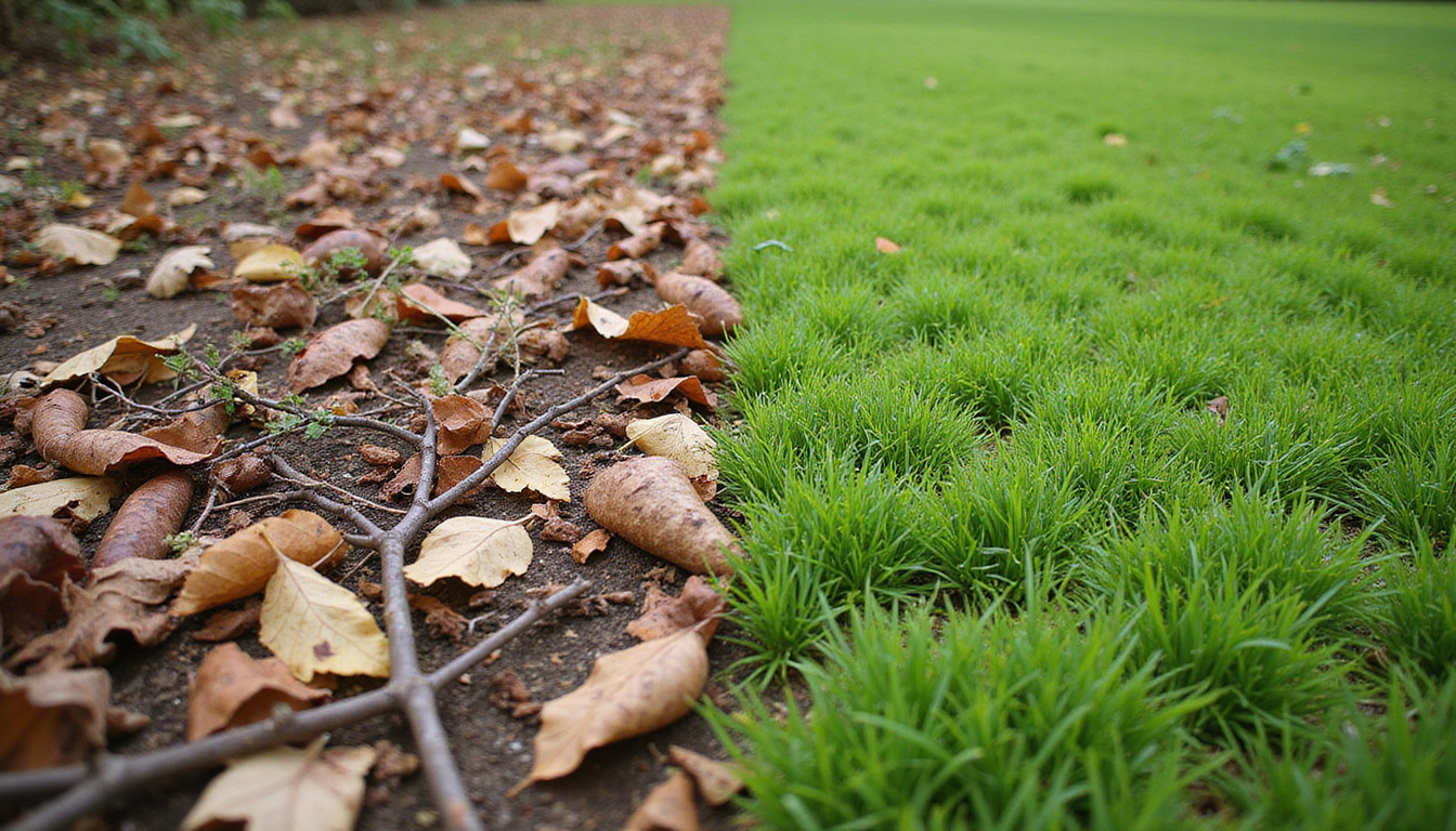 Time-lapse before and after yard cleanup, cluttered leaves and branches transformed into pristine lawn