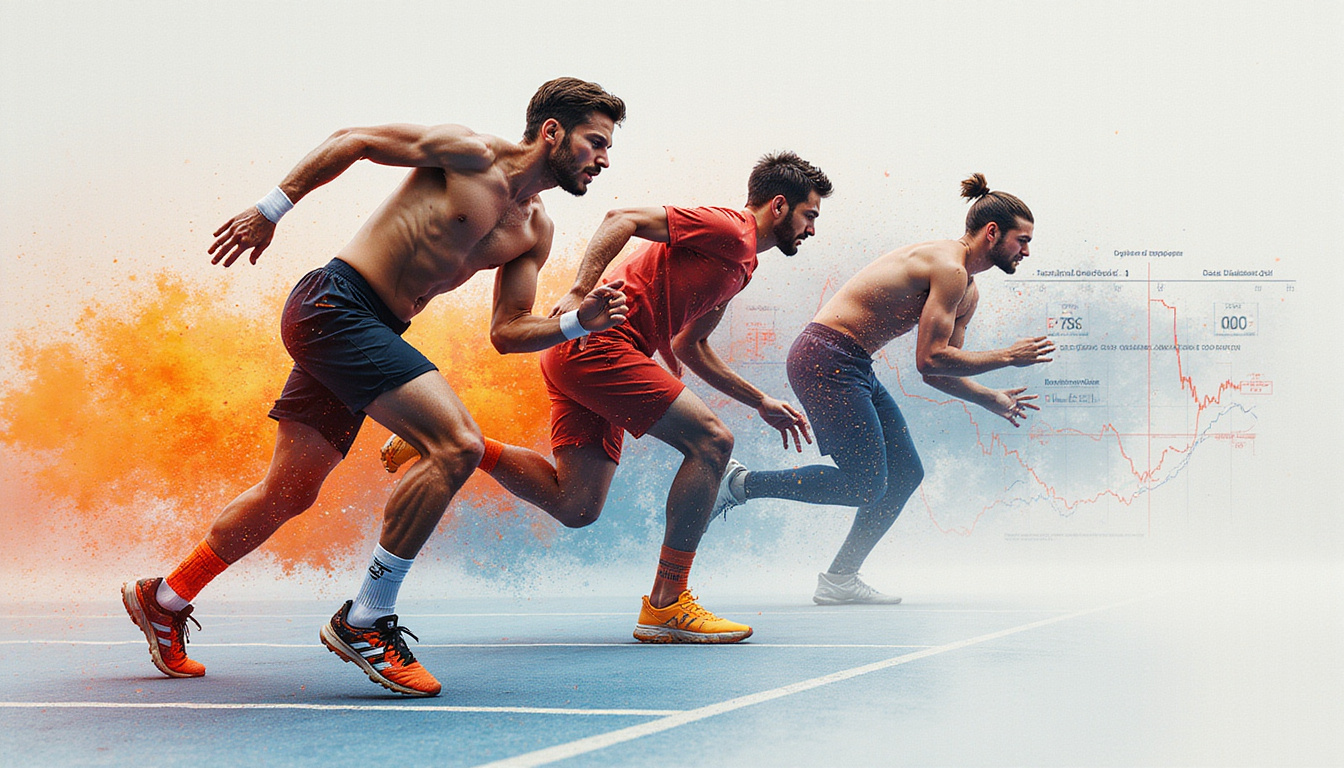  Athlete training montage, slow-motion biomechanics overlay, stopwatch, data graphs, focused determination