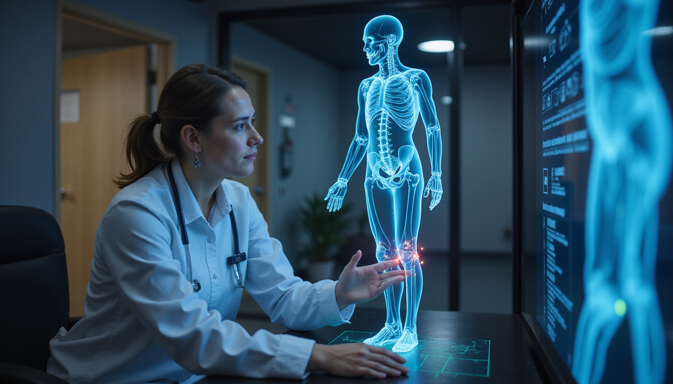  Physical therapist reviewing precise motion-data holograms, wearable sensors on injured athlete, improving gait