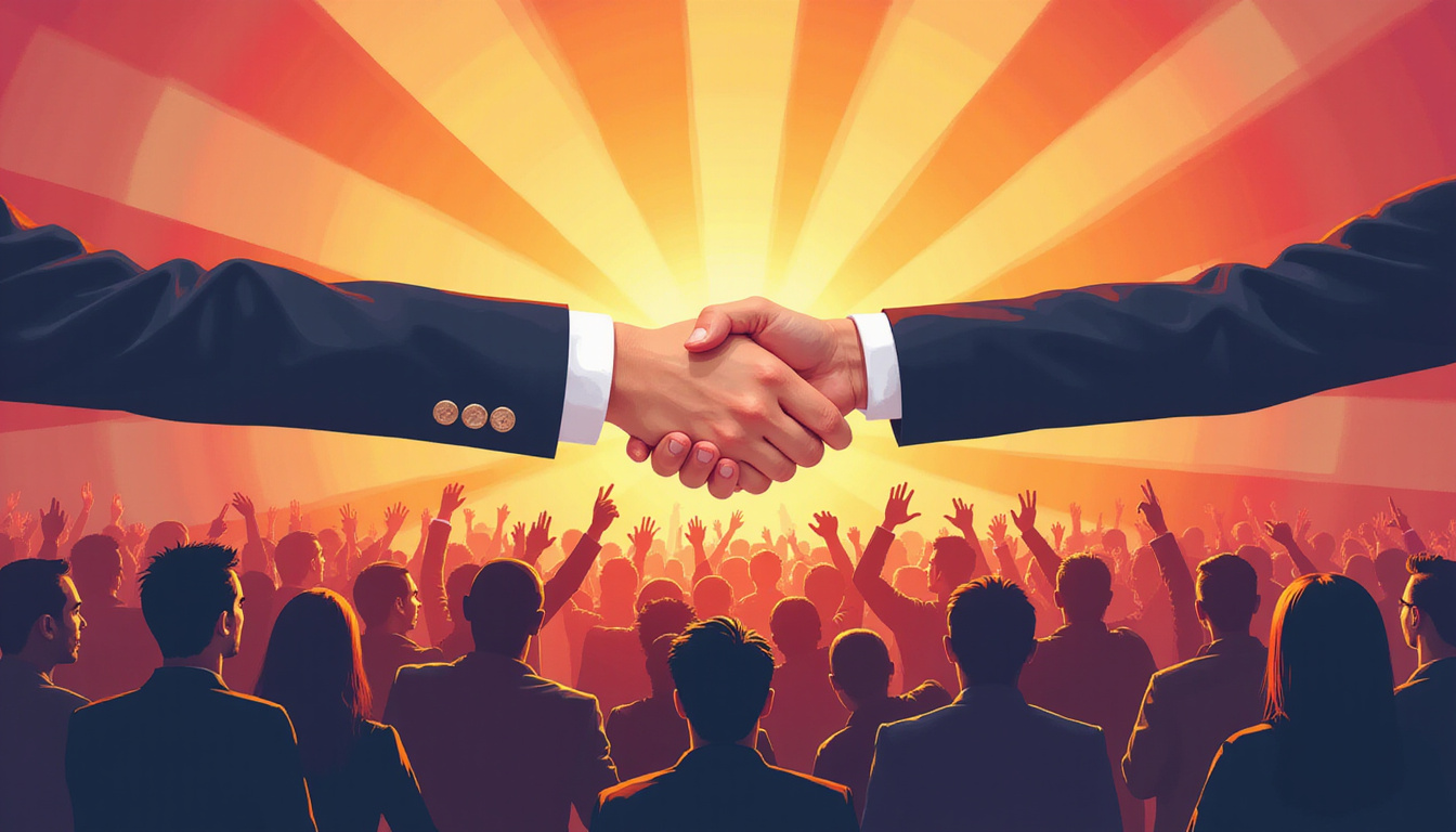 Competitive open house crowd, bidding war energy, handshake sealing sale above asking