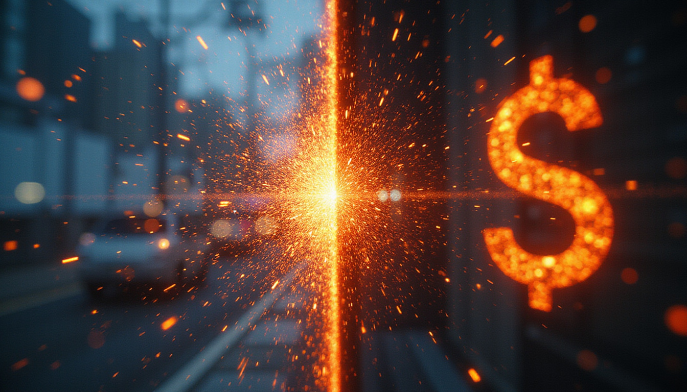 Split-screen contrast: chaotic wasted ads with burning dollar signs, optimized side with bullseye, glowing analytics