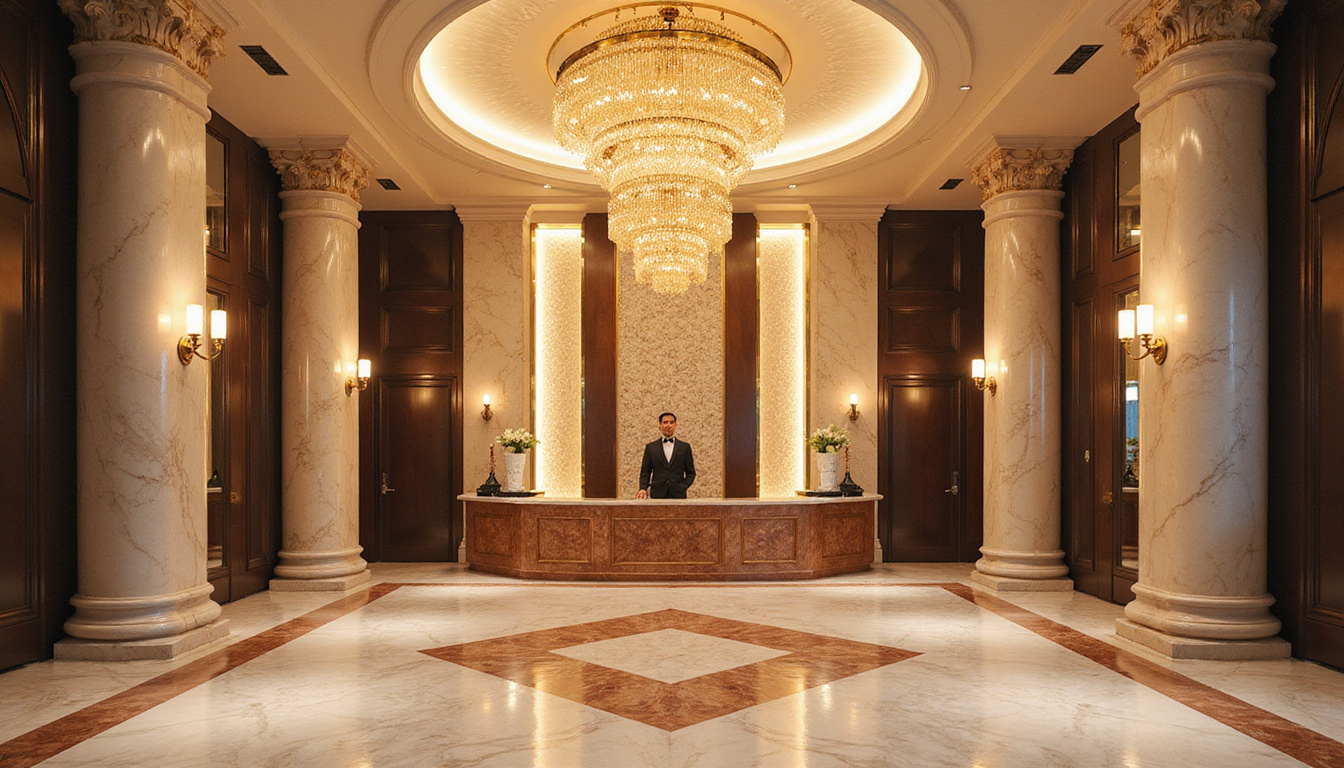  Lavish hotel lobby with marble columns, grand chandelier, concierge in tailored uniform