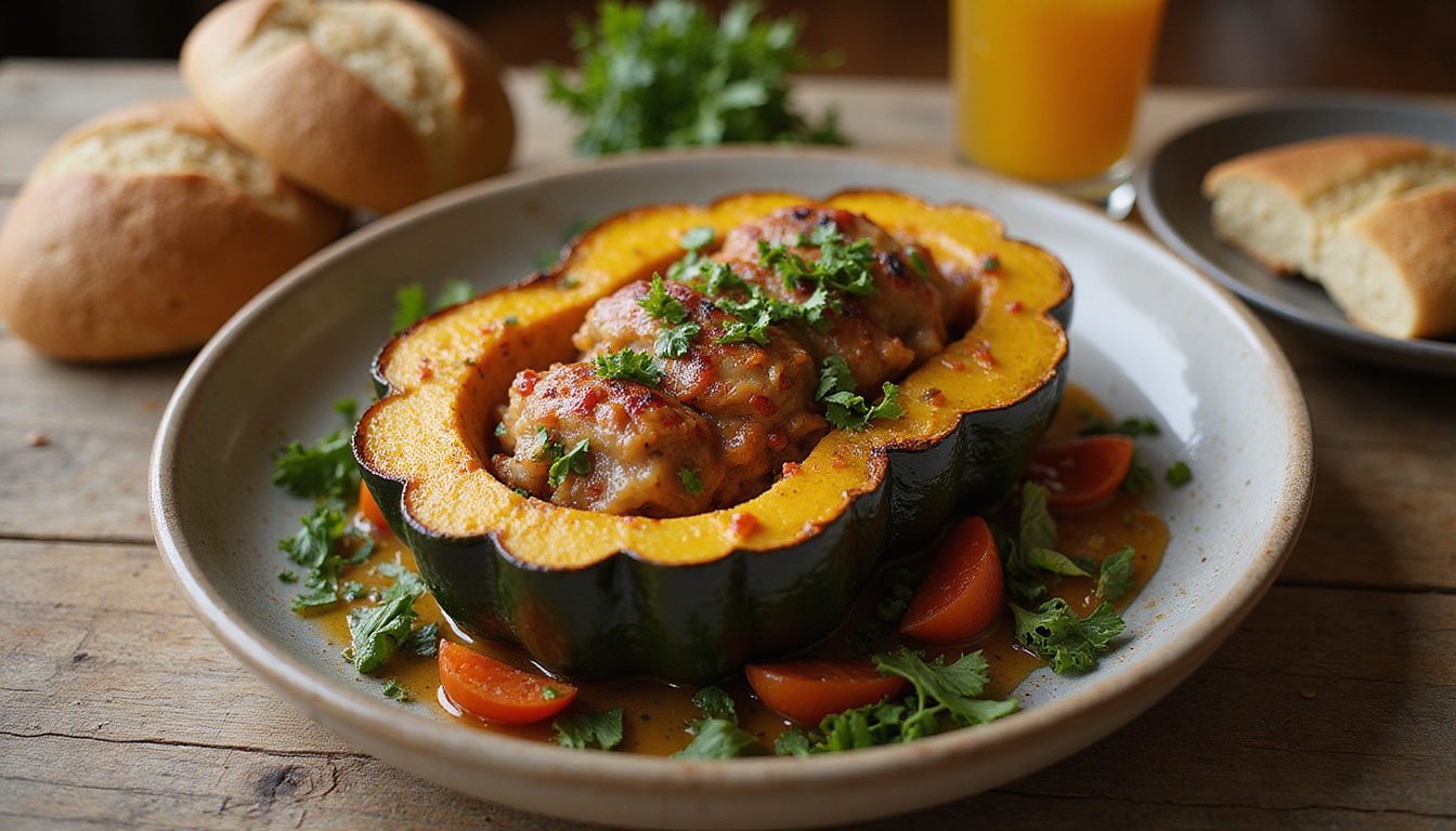  Weeknight dinner spread: roasted stuffed calabash, crusty bread, herbs, warm wooden table