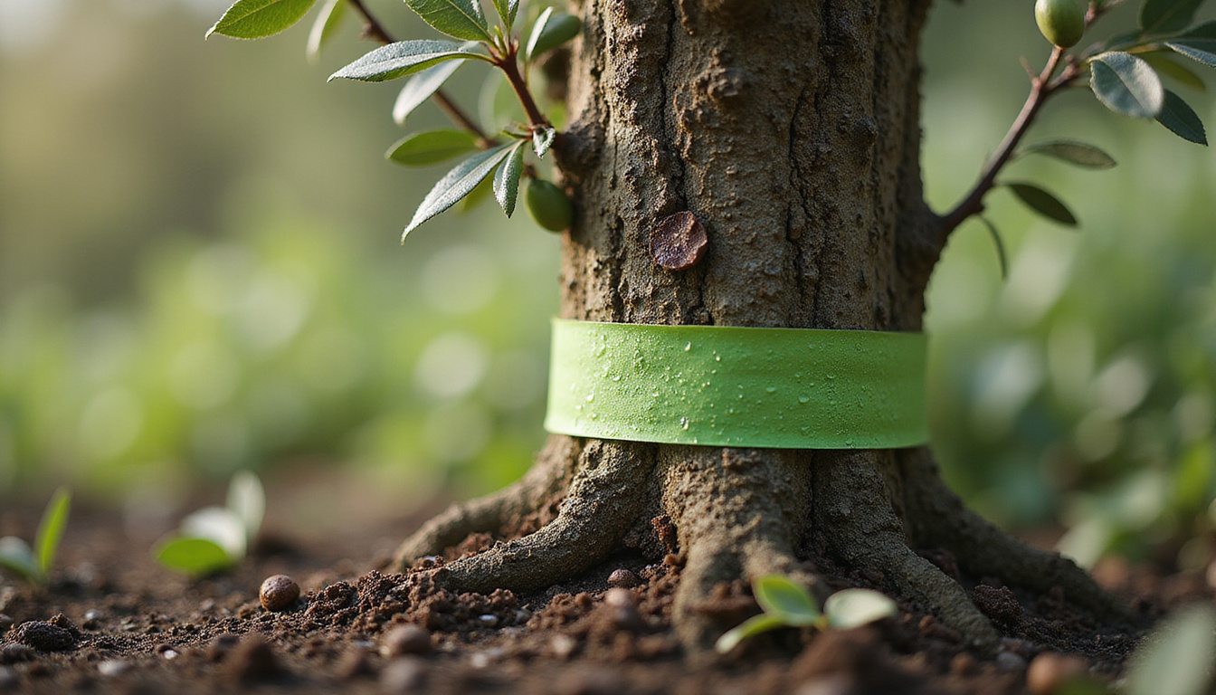  Close-up olive tree trunk, grafting tape, moist soil, watering can, morning dew, hyperreal