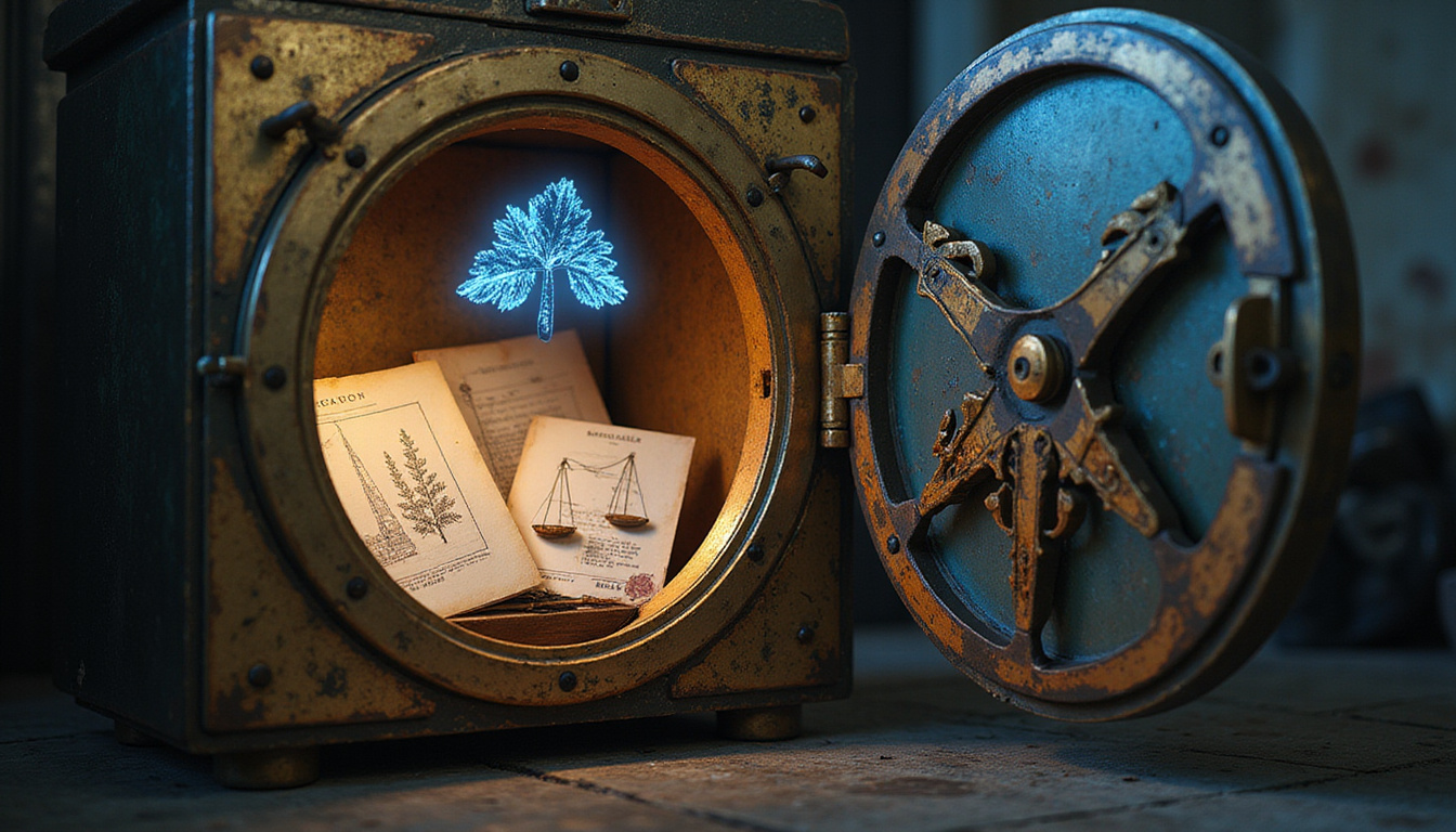  Vintage vault opening to reveal holographic bioequivalence graphs, scales, microscope, confidential documents