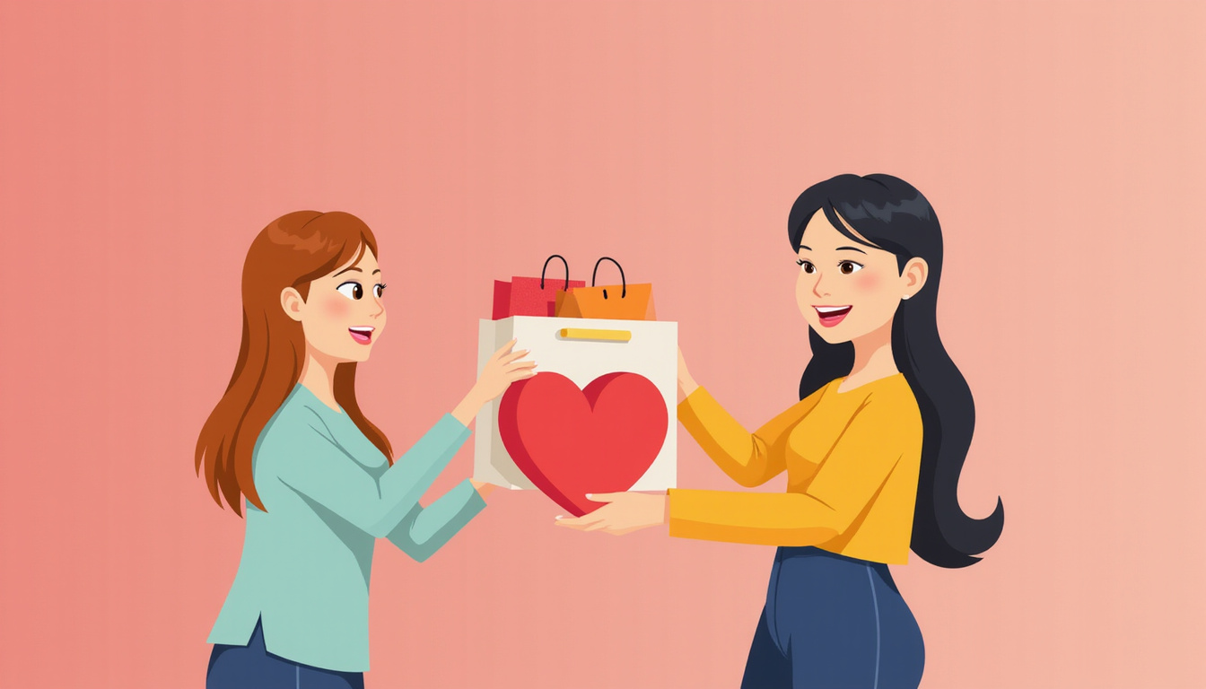  Elegant brand logo anthropomorphized as friendly woman, handing heart-shaped package to delighted shopper