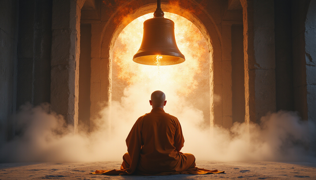  Monk meditating beneath carved stone bell, ethereal sound waves turning chaotic smoke into focused light