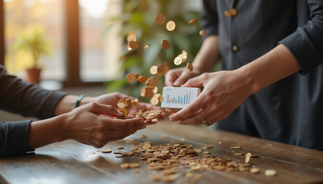  Hands exchanging premium product with confetti, coins raining, rising bar chart, warm modern studio