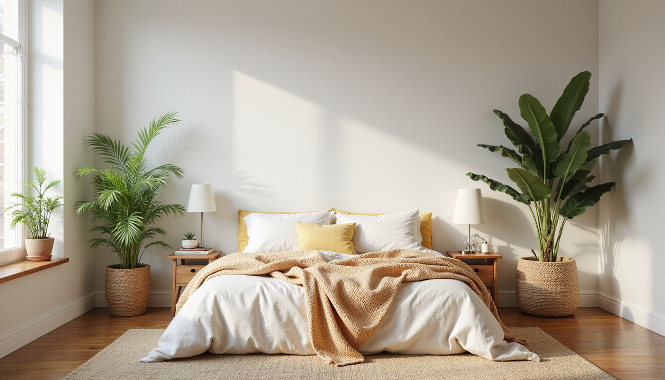 Serene bedroom after seasonal declutter, soft neutral palette, plants, cozy reading nook, airy space