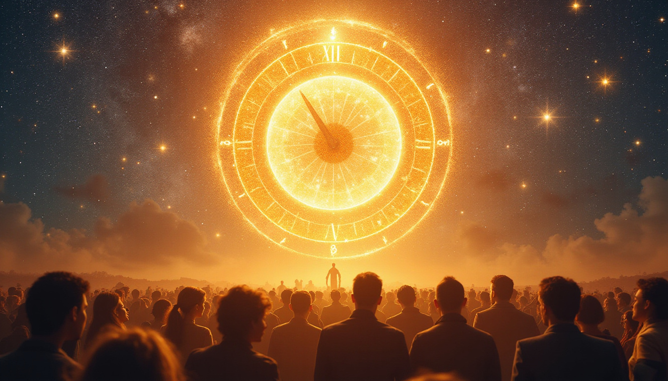 Ancient astrological clock casting golden light over diverse crowds, modern icons rising like stars