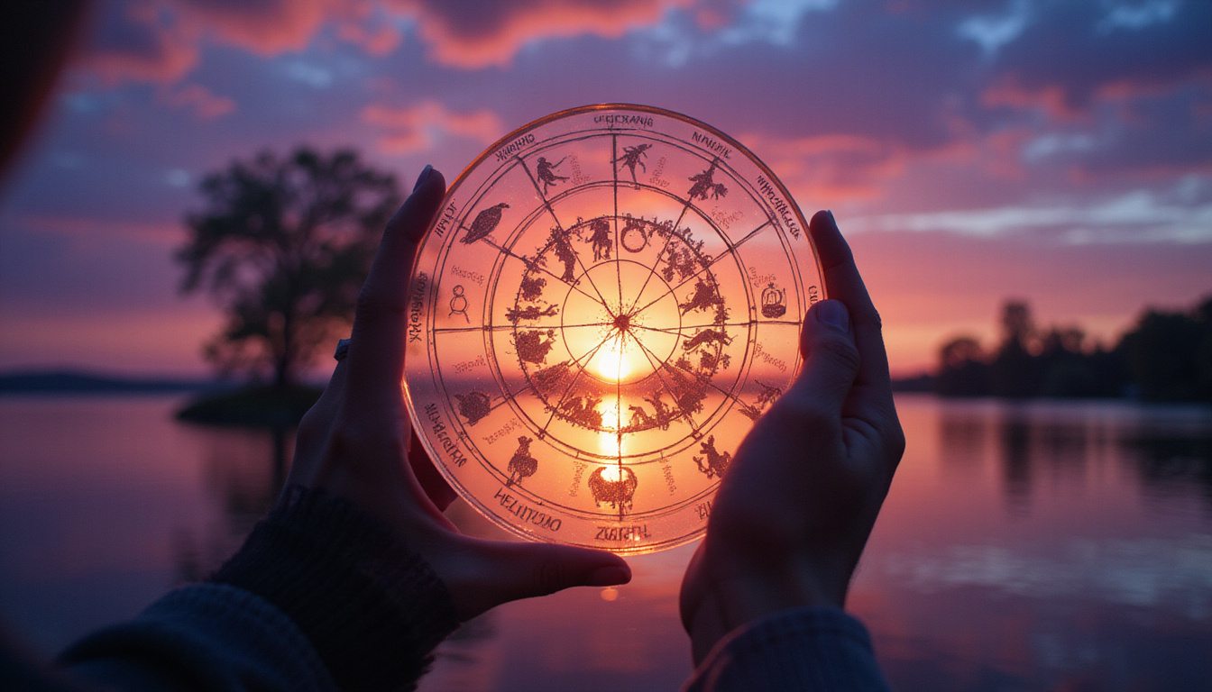  Silhouette holding translucent birth chart, zodiac symbols spill across house cusps, dramatic twilight glow