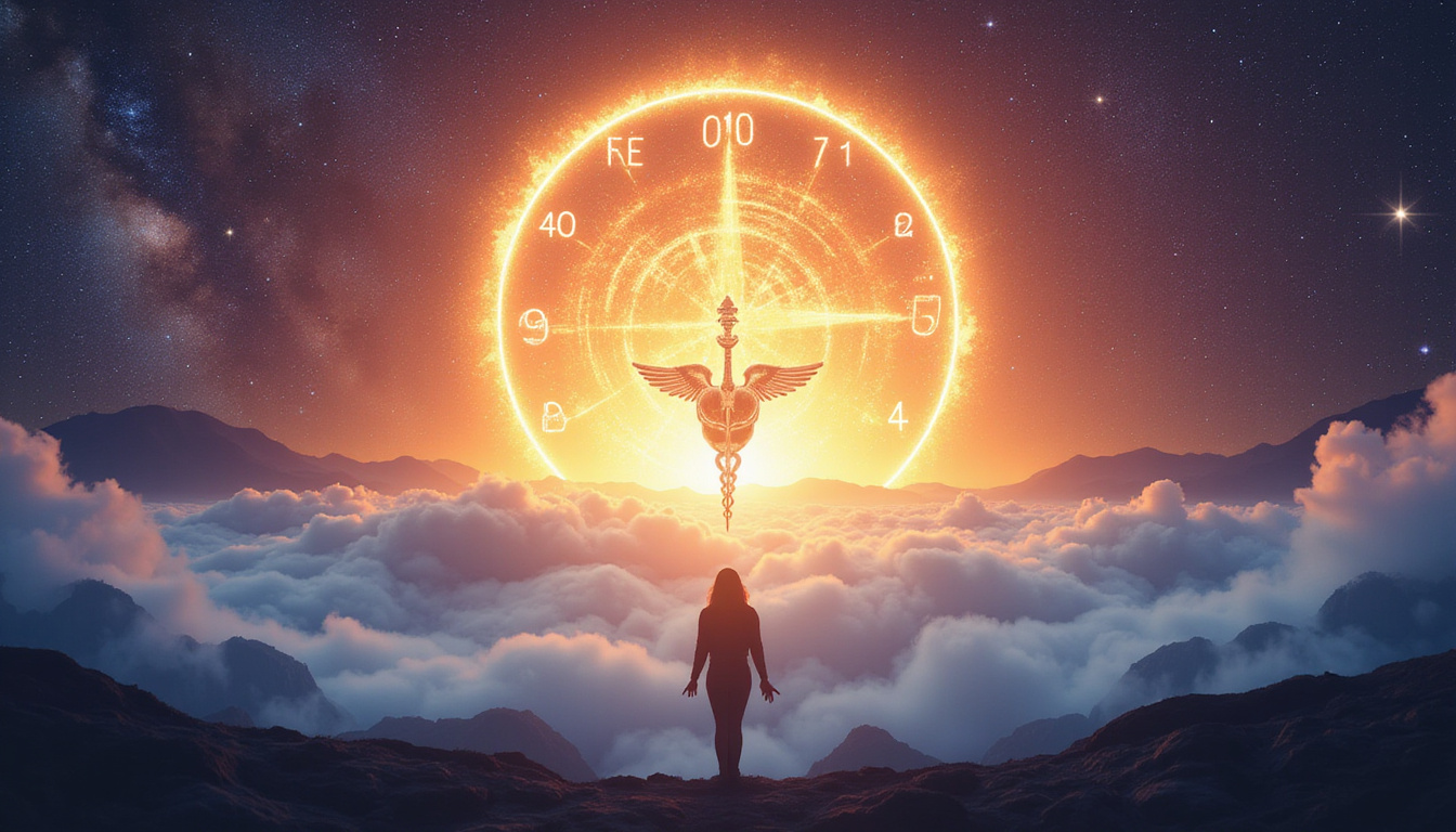 Silhouette under cosmic clock, luminous arc connecting sun to heart and caduceus, ethereal colors