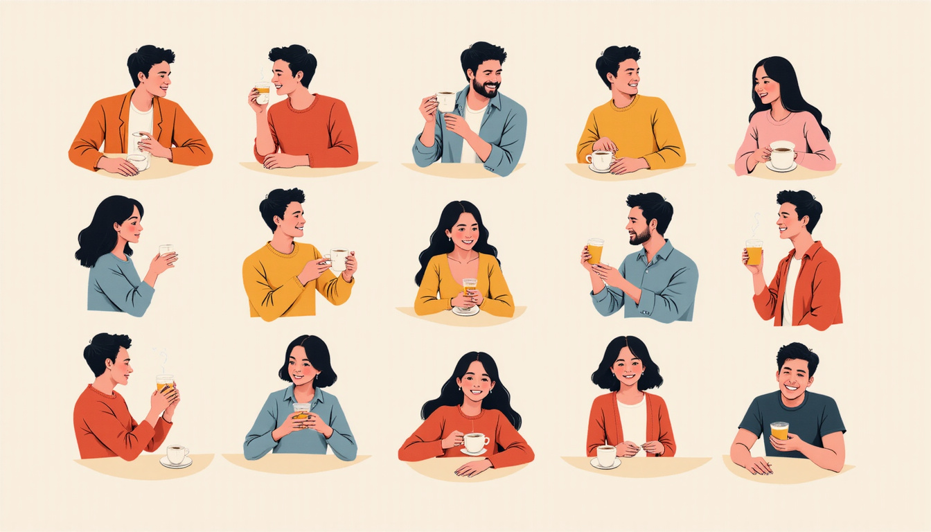 Whimsical montage of small loving gestures: shared coffee, hand-hold, laughter icons, pastel collage