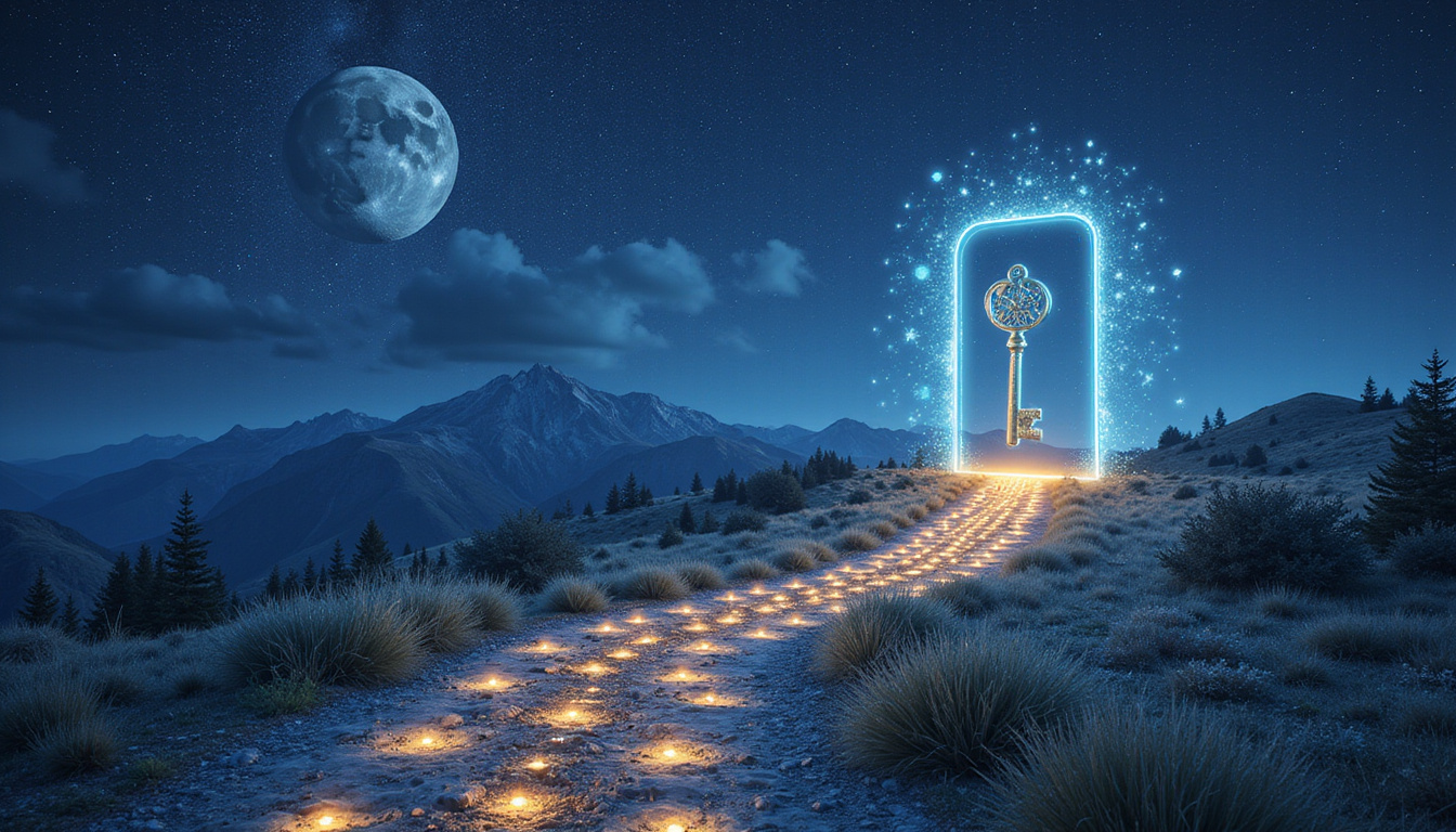  Moonlit path winding through constellations, glowing key opens life path doorway, surreal tarot imagery