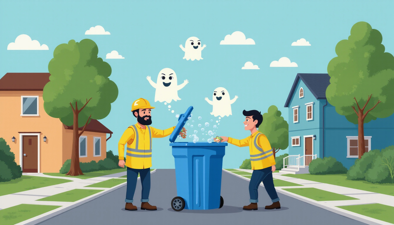  Sanitation worker rejecting contaminated blue bin, ghostly icons of mistakes floating above suburban street