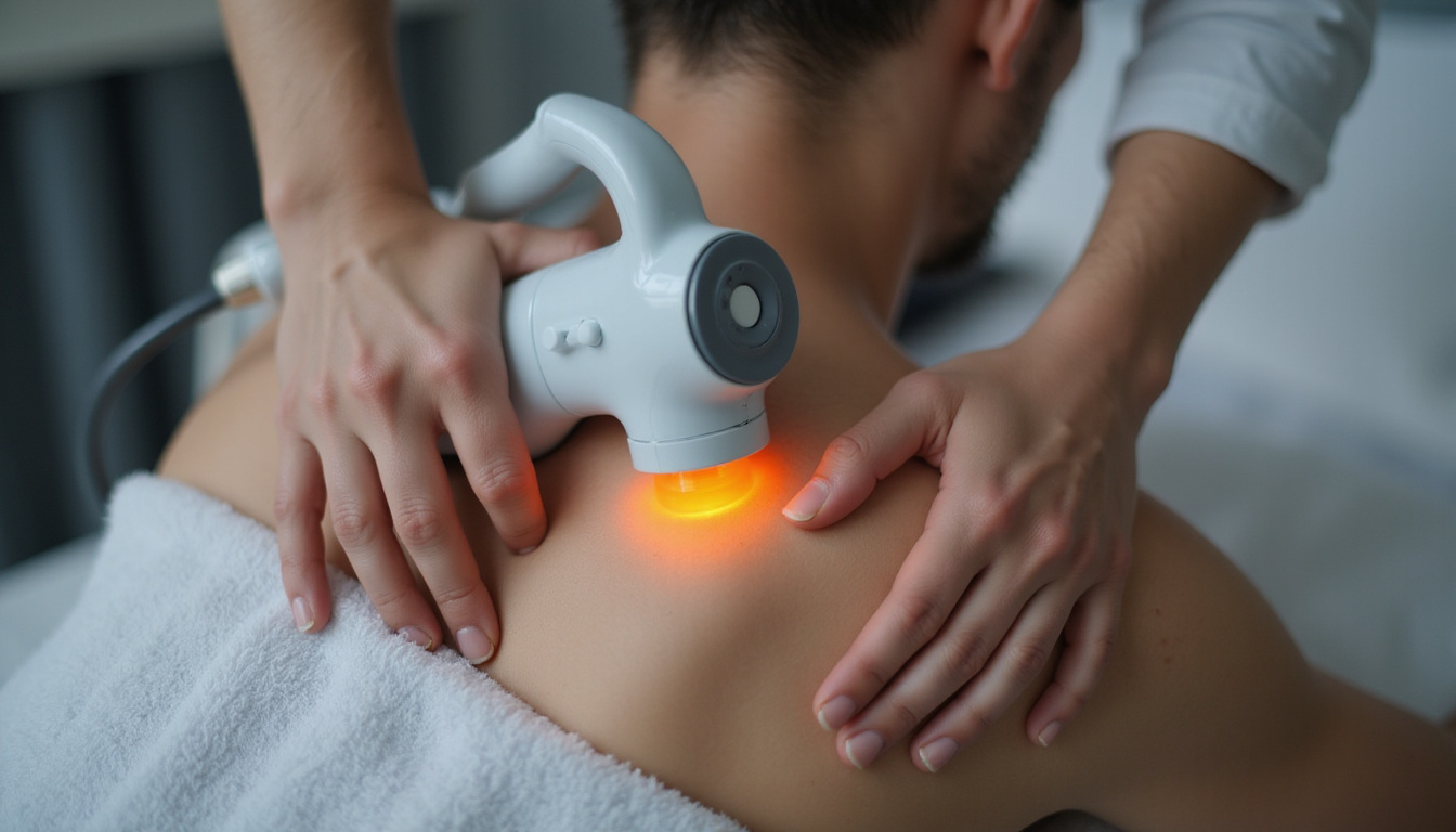  Close-up massage gun on tense shoulder, warm relief glow, hands guiding, soft clinic background