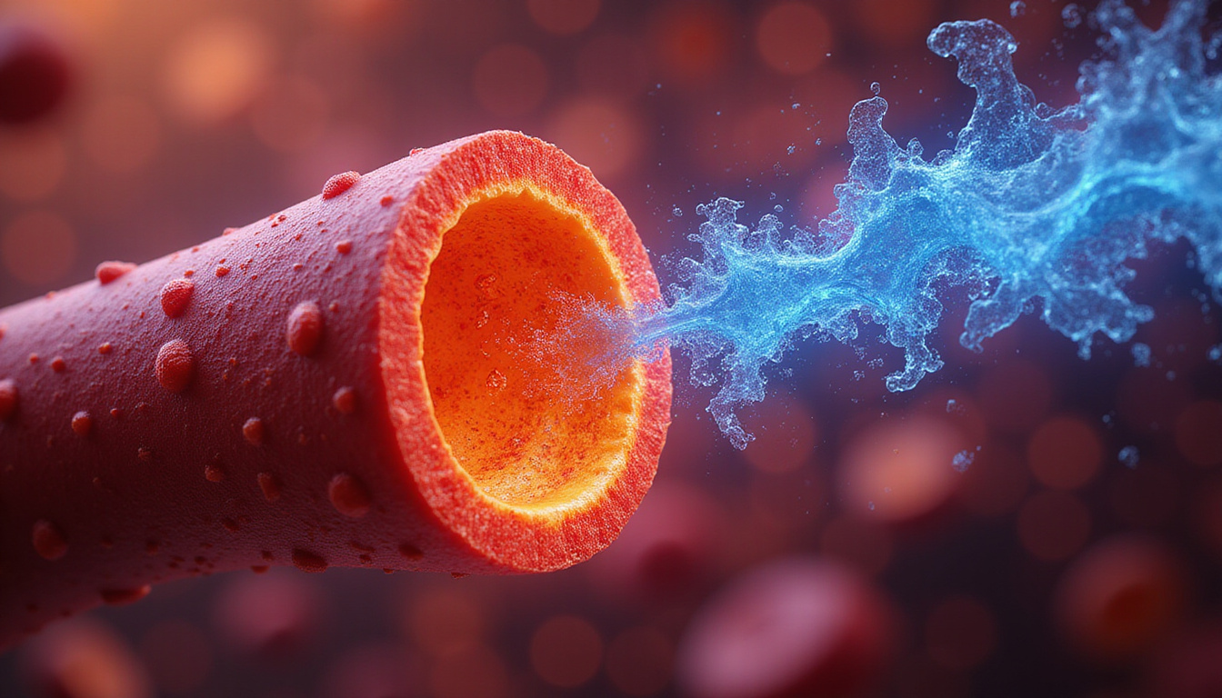 Cross-section of blood vessel with cooling blue wave extinguishing burning orange inflammation