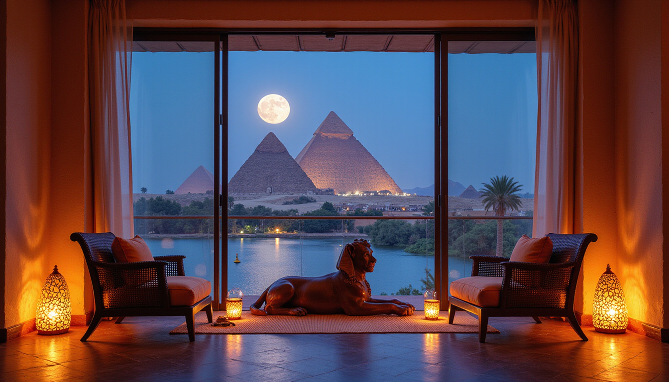 Luxury balcony suite framed by ancient Sphinx and pyramids, moonlit Nile, ornate lanterns