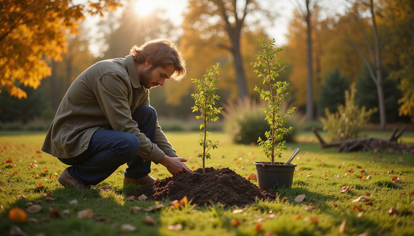 Gardener planting young rowan sapling in cottage garden, autumn light, rustic tools