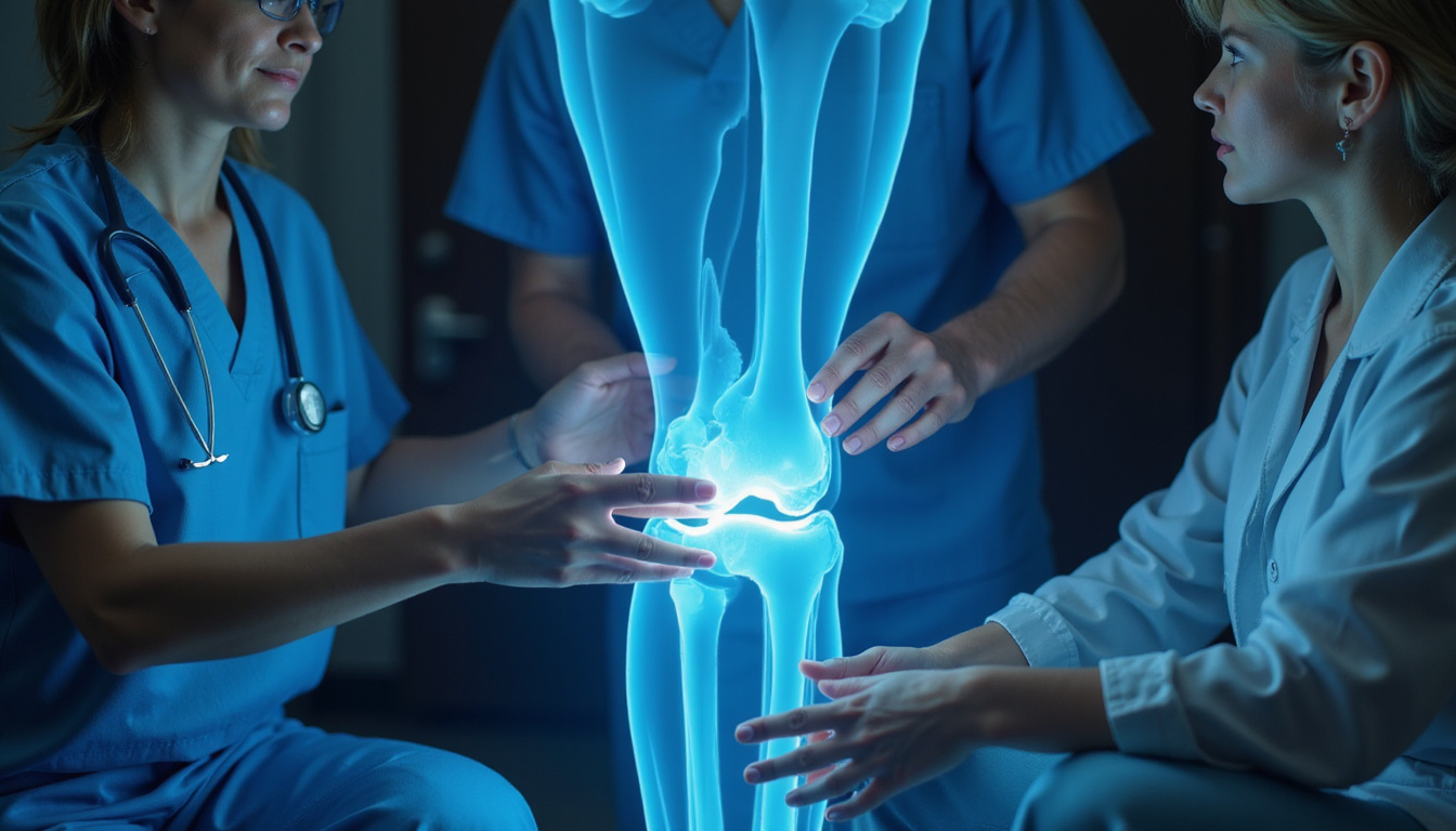  Orthopedic surgeon consulting patient, 3D glowing knee implant hologram, reassuring hands-on guidance