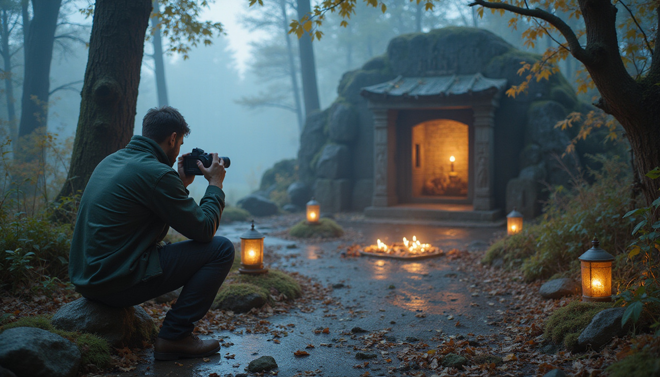  Field researcher photographing a cryptid beside ancient shrine, ritual offerings, misty dawn