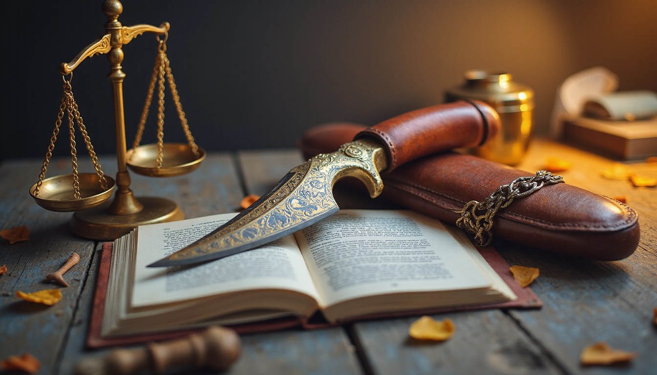 Close-up of kirpan sheathed securely beside legal scales and safety guidelines documents