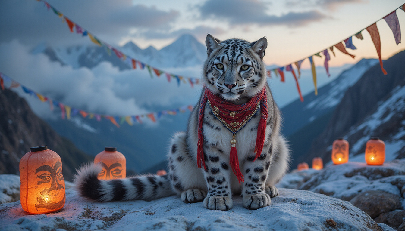  Snow leopard spirit with tribal masks, floating lanterns, Tibetan prayer flags, mystical mountain dusk