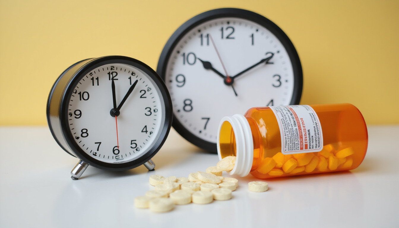  Alarm clock beside open medicine bottle, scattered acetaminophen tablets, warning label, anxious hands
