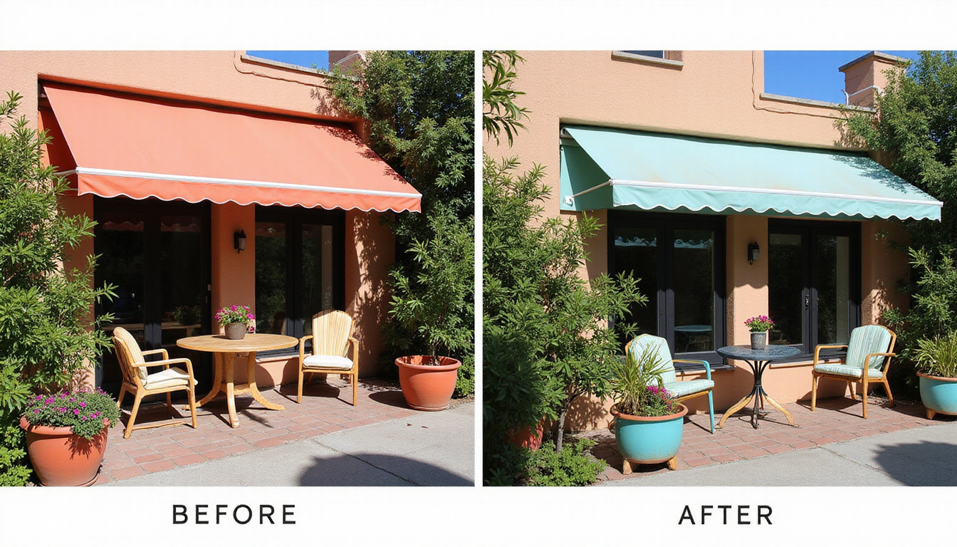  Before-and-after patio transformation: stripped awning frame, reclaimed outdoor seating, vibrant potted plants