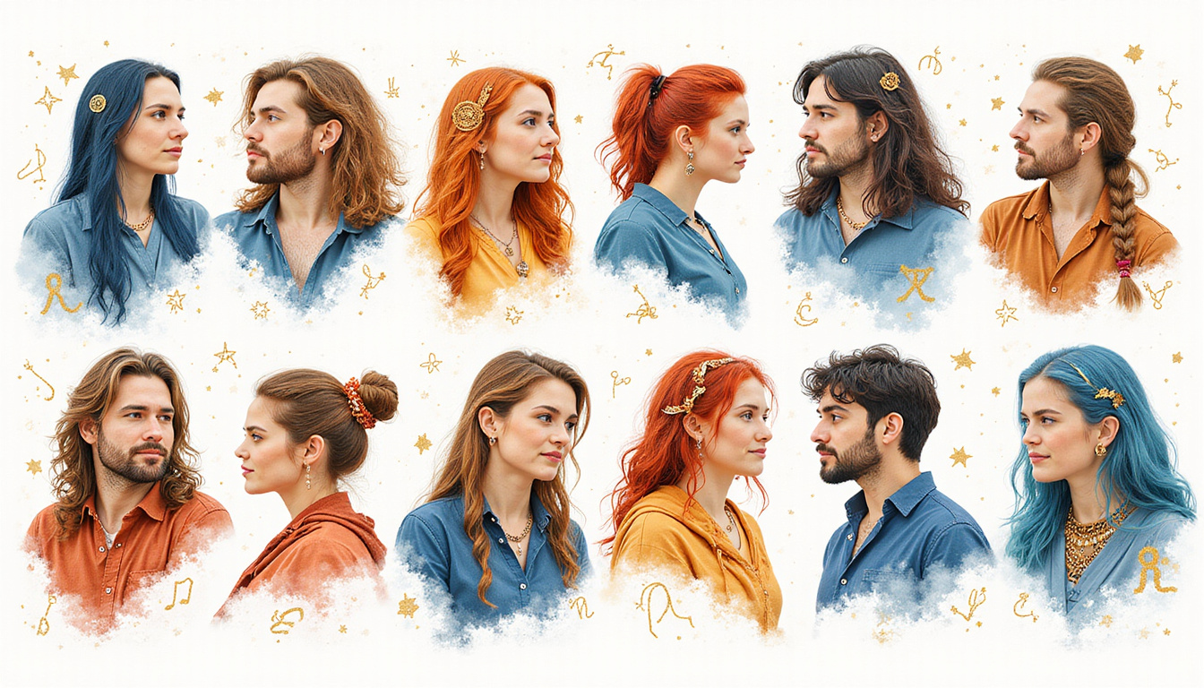 Portrait montage of twelve zodiac archetypes with career symbols, watercolor constellations, golden accents