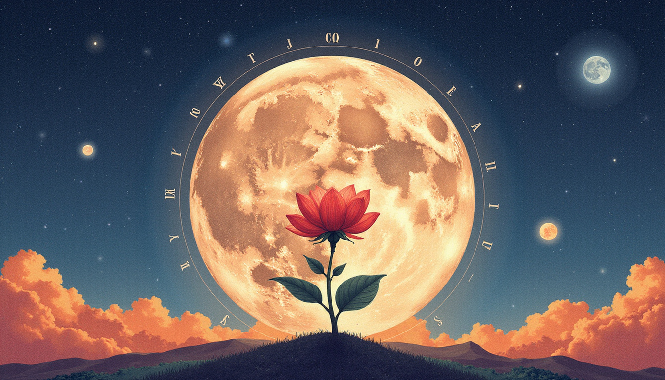  Lunar calendar overlaid on blooming plant, monthly growth rings, watercolor night sky, warm tones
