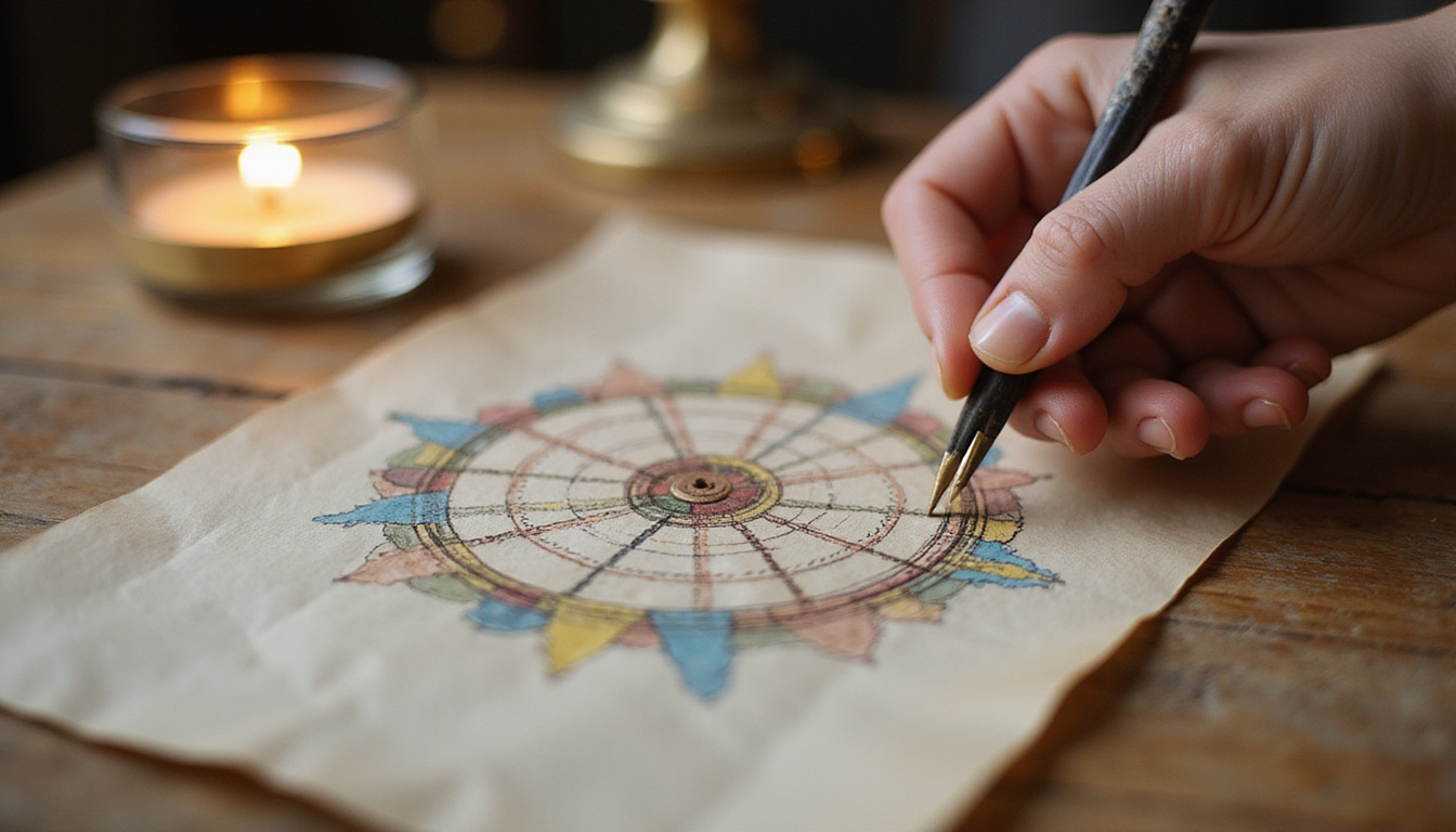 Close-up hand tracing aspects on parchment wheel, scales balancing dignity and fall, soft candlelight