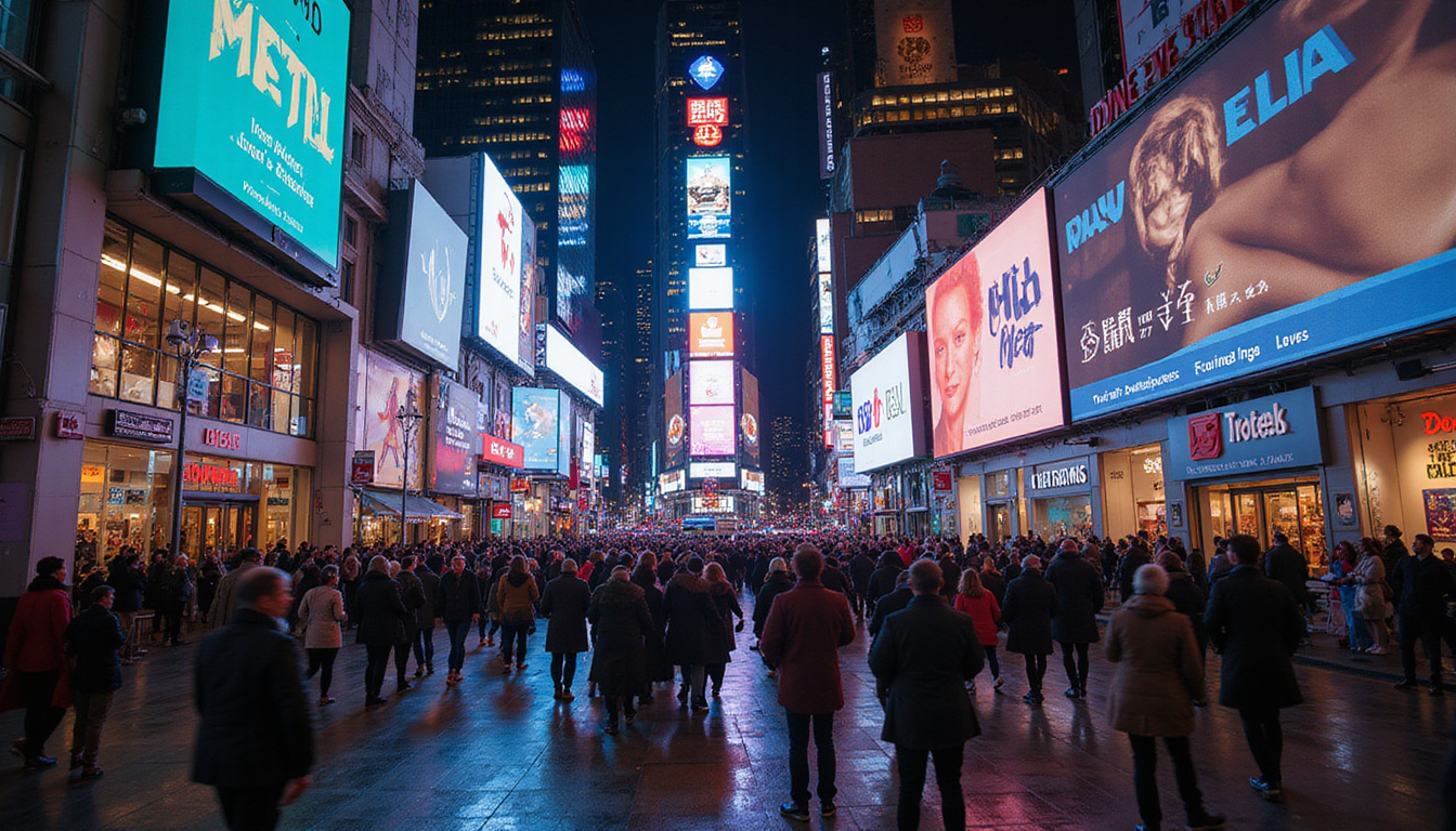  Split cityscape showing dull signage transforming into vibrant illuminated brand icons, crowd attention surge