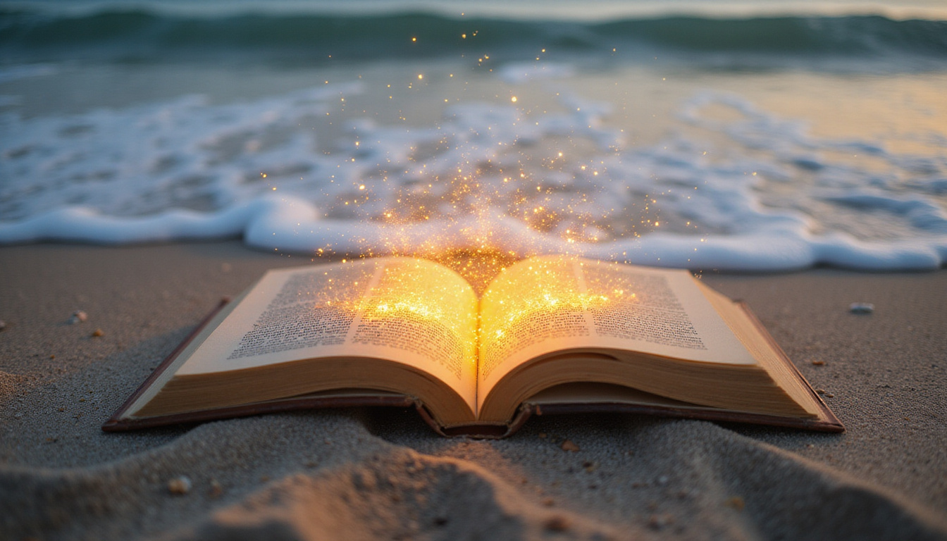 Open zodiac book on sandy shore emitting secret glowing traits, entwined lovers, gentle waves