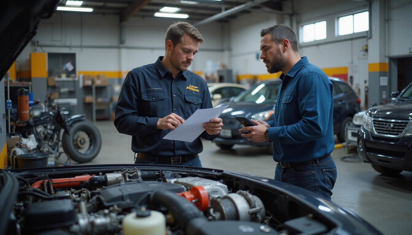  Mechanic tuning turbocharged engine in organized garage, performance parts, buyer inspecting with checklist