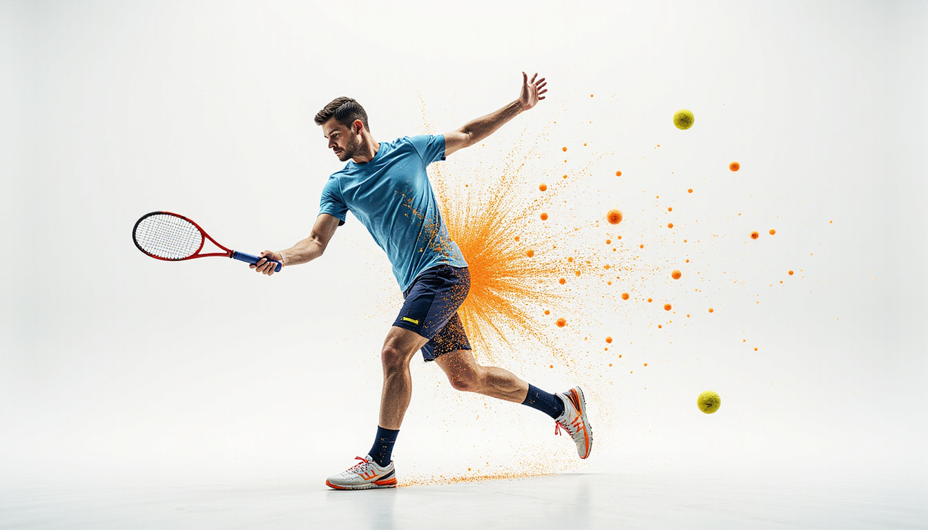  Exploded biomechanics overlay: hip rotation, racket swing power, ball trajectory, slow-motion clarity