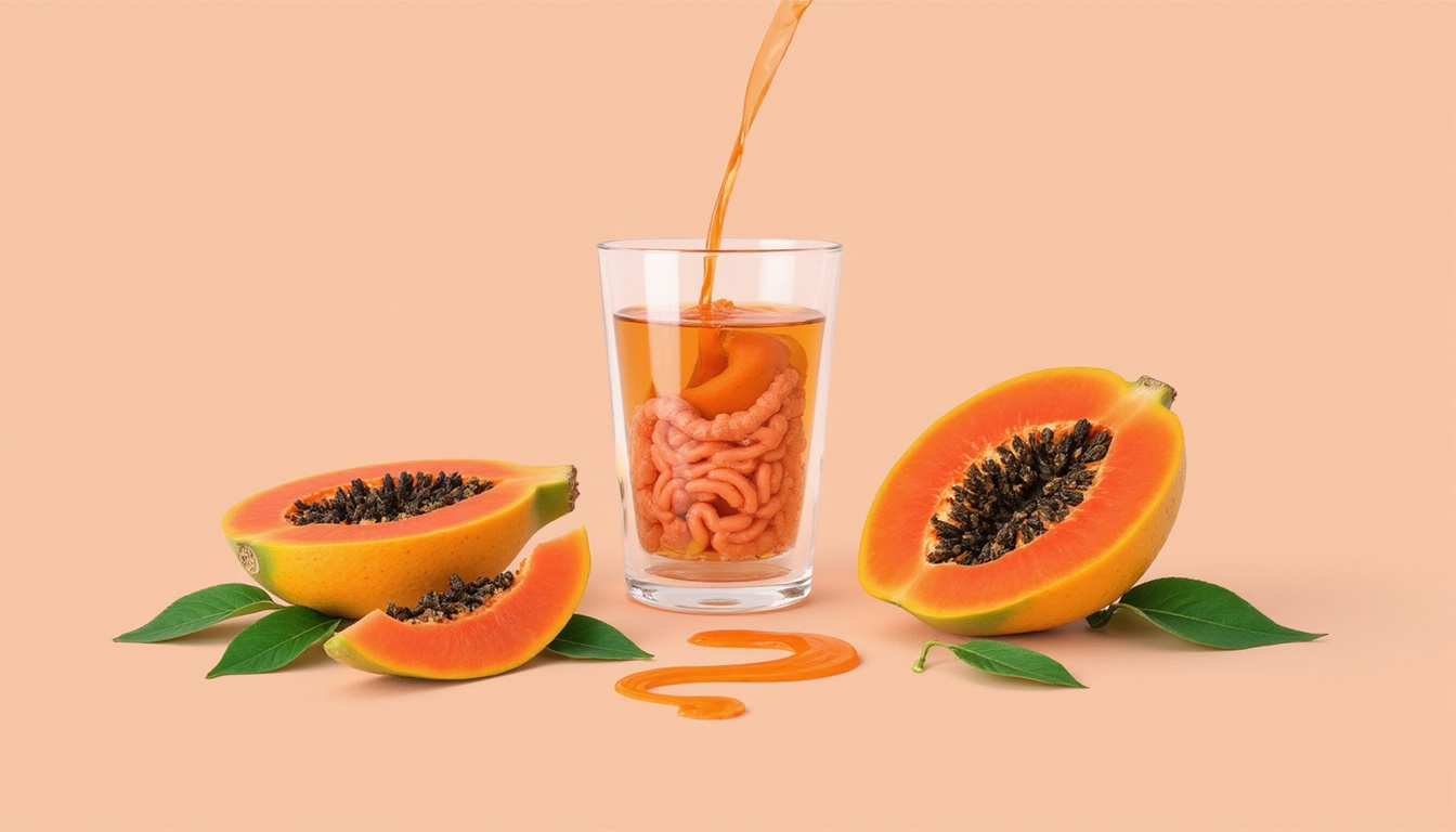  Natural digestion concept: papaya halves, herbal tea, flowing gut illustration, clean clinical pastel background