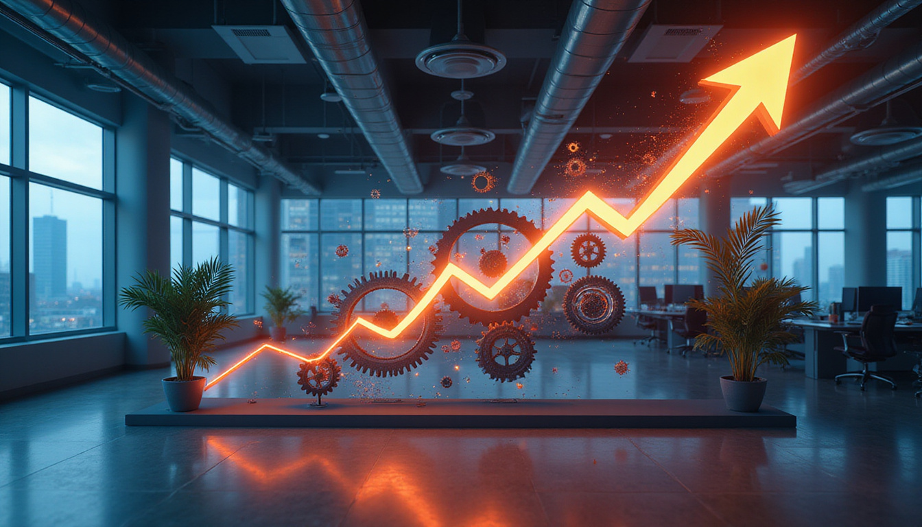  Futuristic office with gears transforming into upward arrows, glowing ROI numbers, dynamic motion