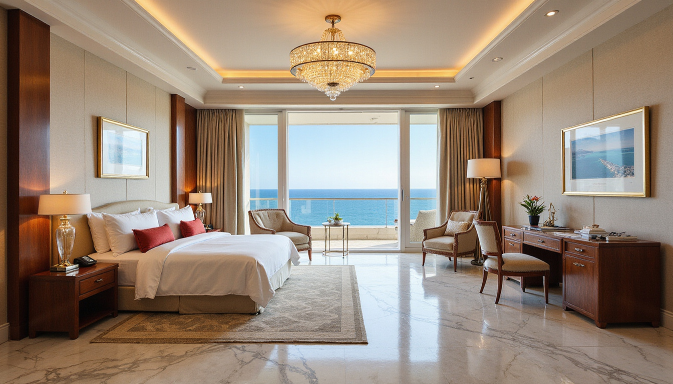 Opulent interior suite marble floors crystal chandelier ocean view private balcony crew in uniform