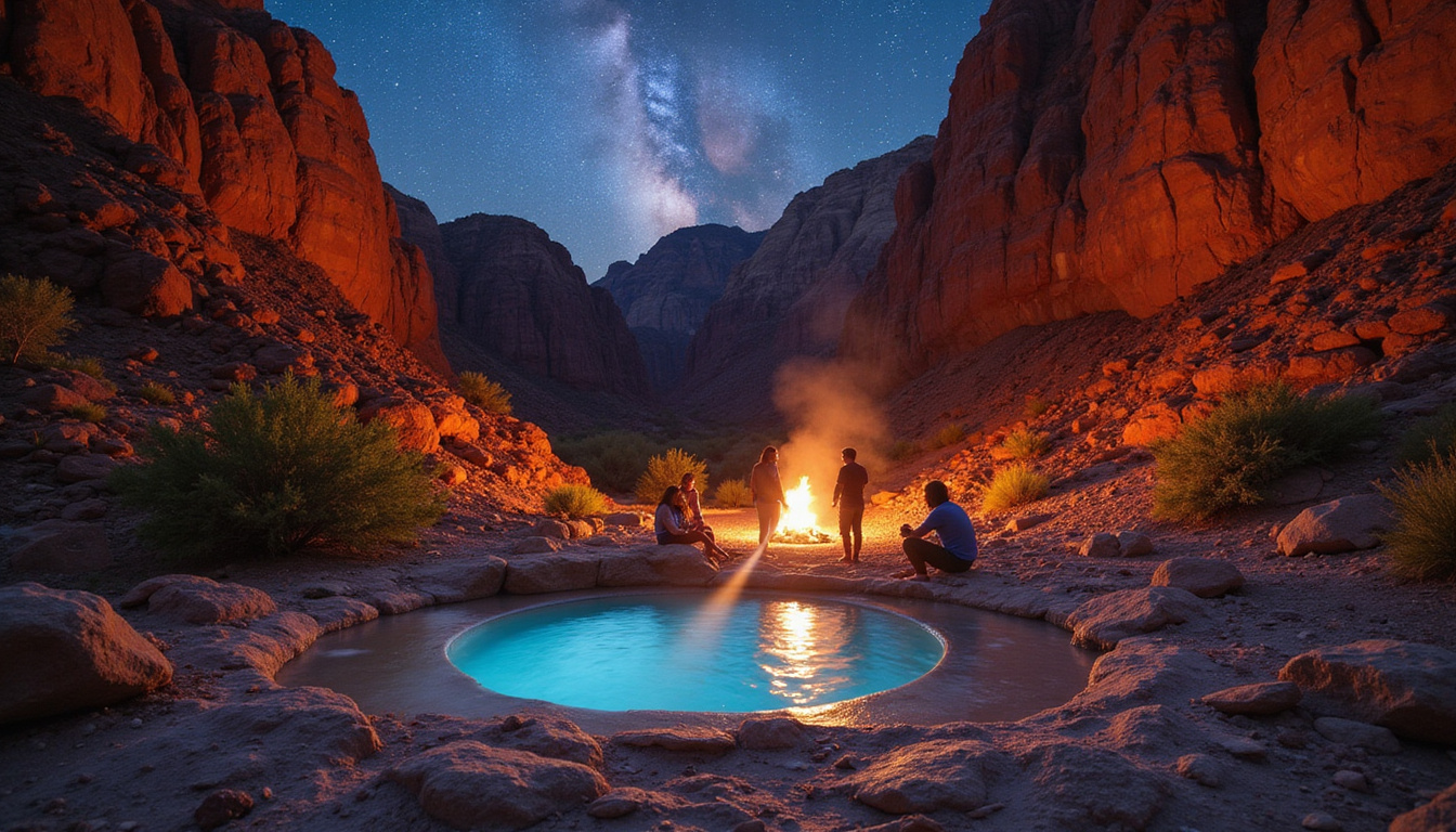  Hidden canyon hot spring near red rock, locals sharing stories around fire, starry sky
